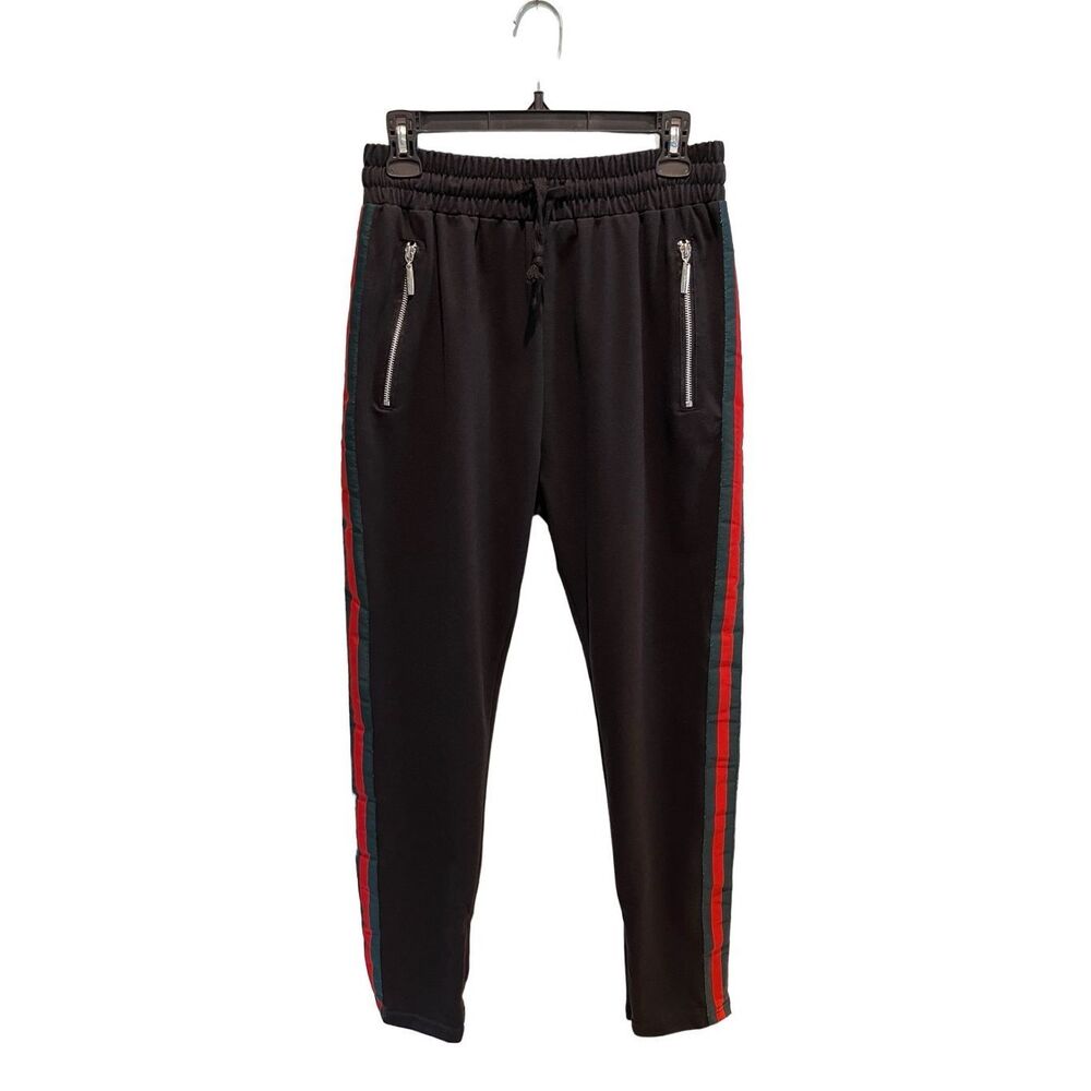 American Stitch black joggers with green and red side stripes and zip pockets -